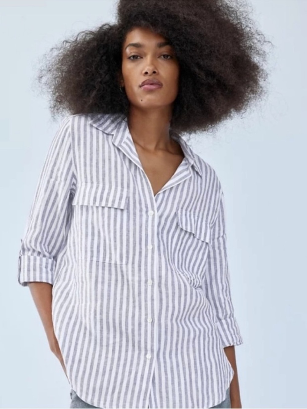 Aritzia Babaton 100% Linen Utility Button-up Shirt Striped Blue White Size S